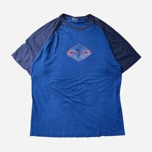 Vintage 90s Y2K Blue & Navy Blue Randy Rivers Raglan Tee with Red & White Diamon